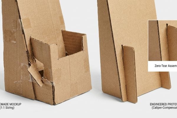 Brown corrugated cardboard display prototypes are shown, contrasting a Homemade Mockup with visible tears and tape, labeled 1:1 Sizing, against a clean Engineered Prototype featuring Caliper-Compensated Zero-Tear Assembly.