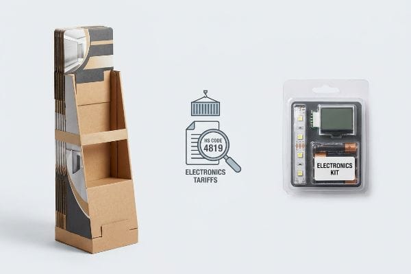 Cardboard floor display, HS Code 4819 Electronics Tariffs icon, and an Electronics Kit blister pack with LED strip, LCD screen, AA batteries.