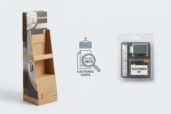 Kod HS 4819 Elektronik Paparan lantai kadbod, ikon Tarif Elektronik Kod HS 4819 dan pek blister Kit Elektronik dengan jalur LED, skrin LCD, bateri AA.