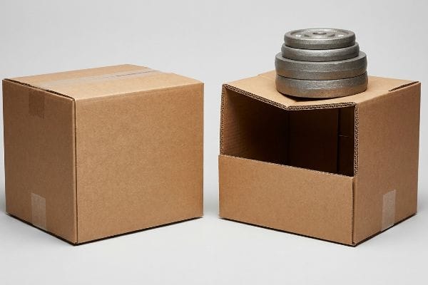 HSC Box Load Test Brown corrugated RSC and open HSC boxes, with grey weight plates on the open HSC, demonstrating load capacity.