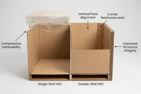 Comparaison de l'intégrité structurelle des HSC Comparaison des panneaux HSC ondulés : le panneau à simple paroi présente une vulnérabilité à la compression ; le panneau à double paroi présente un alignement vertical des cannelures, des renforts d’angle et une intégrité structurelle améliorée.