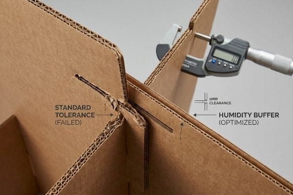 Corrugated cardboard display joint demonstrating "Standard Tolerance (Failed)" with crushed flutes versus an "Optimized Humidity Buffer" joint with 1mm clearance, precisely measured by a digital micrometer.