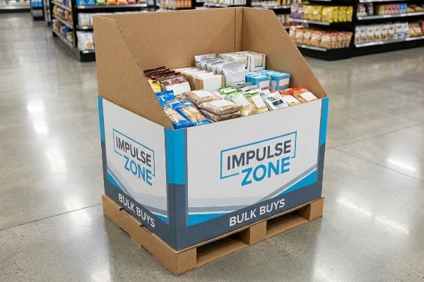 Affichage de la zone d'impulsion Un présentoir de type bac de vente au détail, étiqueté « Zone d'achats impulsifs » et « Achats en gros », rempli de produits emballés dans une allée d'un supermarché.