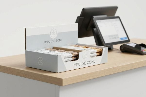 Micro-fluted corrugated Impulse Zone PDQ tray display filled with snack bars on a retail checkout counter.