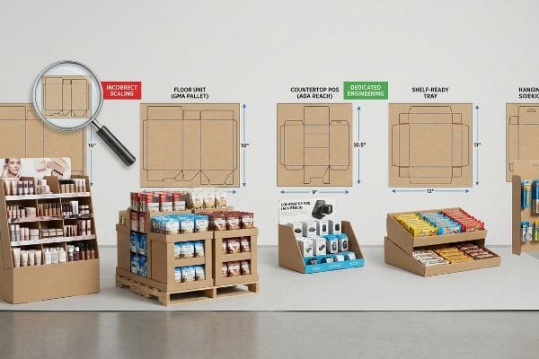 Retail Display Dieline Comparison Kraft cardboard retail displays showcasing various dielines and assembled units, including an 'Incorrect Scaling' example, a 'Floor Unit (GMA Pallet)' with 10" height, a 'Countertop POS (ADA Reach)' with 'Dedicated Engineering' at 30.5" height and 8" width, and a 'Shelf-Ready Tray' with 13" width and 11" height.