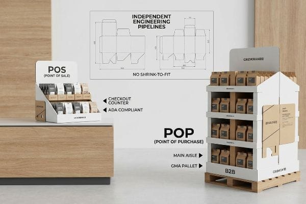 Display Engineering Pipelines White corrugated POS counter display and POP pallet floor display with 'Independent Engineering Pipelines' diagrams, highlighting 'No Shrink-to-Fit' and 'ADA Compliant' features.