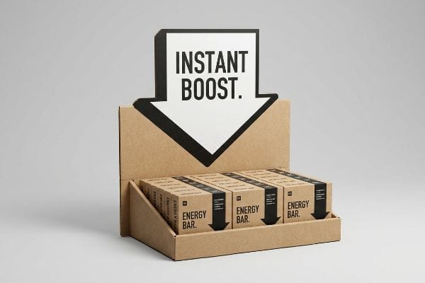 Corrugated cardboard display with a prominent die-cut arrow header reading 'Instant Boost' above rows of 'Energy Bar' boxes.