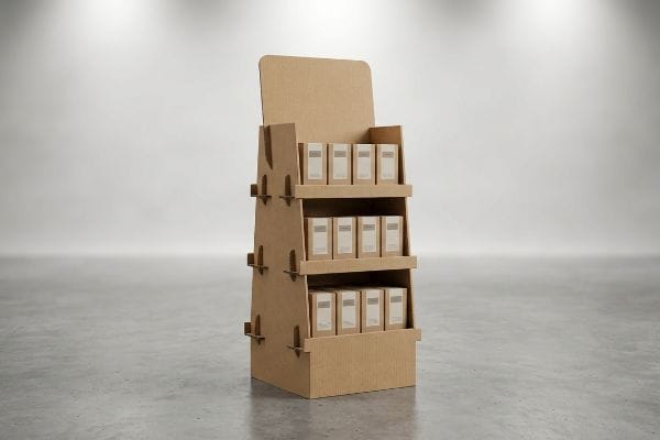 Freestanding corrugated POP display with three shelves, holding plain brown product boxes, crafted from fluted paperboard.