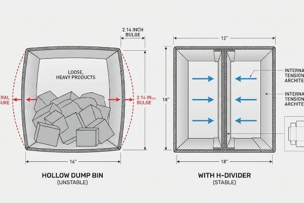 Corrugated cardboard H-divider sits vertically inside a square retail dump bin to provide structural support and prevent wall bulging.