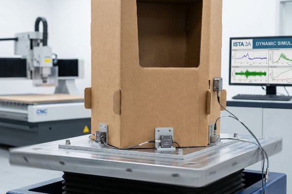ISTA 3A Vibration Test Brown cardboard box with sensors on a vibration table for ISTA 3A Dynamic Simulation, a CNC machine visible.
