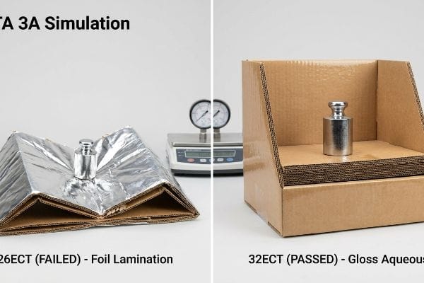 Collapsed 26ECT Foil Lamination display versus stable 32ECT Gloss Aqueous display in ISTA 3A simulation.