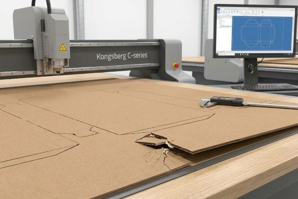 Kongsberg CNC Cutting Corrugated Kongsberg C-series CNC cutting corrugated board, revealing a broken liner, with a digital caliper and dieline design on screen.