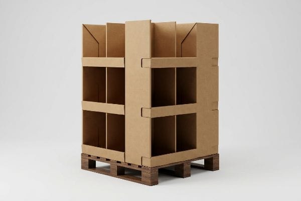 Brown virgin kraft board quarter pallet display, 24x20 inch, on a wooden GMA pallet, showcasing retail POS merchandising.
