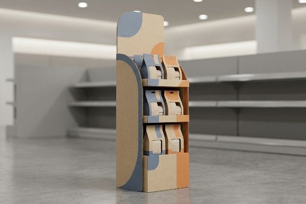 Curved POP Display Kraft cardboard point-of-purchase display with blue and orange die-cut curves, holding six packages on three shelves, designed for structural disruption.