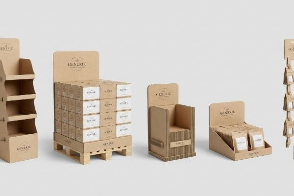 Cardboard Display Assortment Natural kraft corrugated cardboard displays: Generic pallet, floor, countertop, and clip strip units.