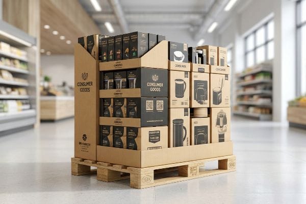 Fractional Pallet Display Kraft corrugated fractional pallet display with Consumer Goods and Dr. Carbon products, including mugs and coffee makers.