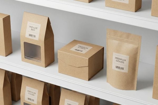 Organized display of various Kraft paper packaging, including a windowed bag labeled "Impulse Buy" and a stand-up pouch marked "Premium Goods" on white shelves.