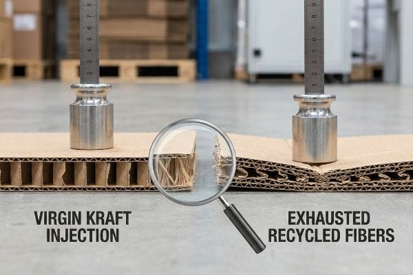 Kraft vs Recycled Strength Corrugated cardboard compression test showing Virgin Kraft Injection's strong flutes versus Exhausted Recycled Fibers' collapsed structure under weight.