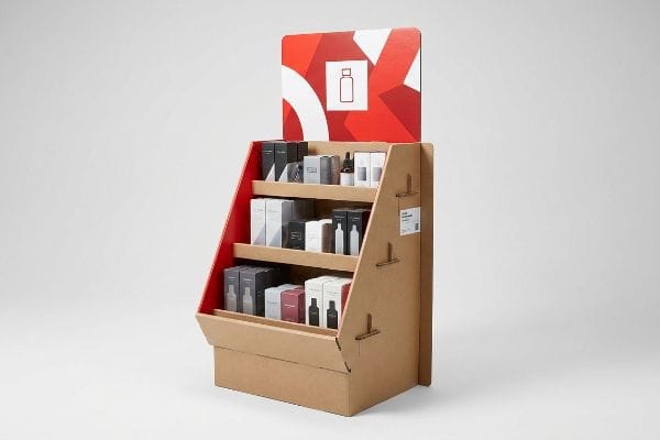 Corrugated Product Display Kraft corrugated cardboard POP display with three shelves of cosmetic products, featuring red interior accents and a red-white header graphic.