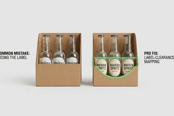 Corrugated cardboard trays showcase Riviera Spritz bottles; one hides labels, the other uses a custom die-cut swoop for label-clearance mapping, ensuring full visibility.