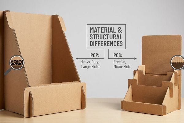 Corrugated POP and POS displays show Material & Structural Differences: heavy-duty, large-flute for POP, precise, micro-flute for POS.