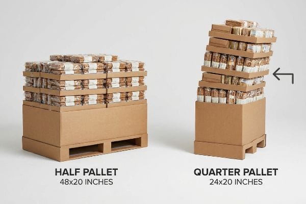 Cardboard half pallet (48x20 inches) stable, beside a leaning, unstable quarter pallet (24x20 inches) with stacked goods.