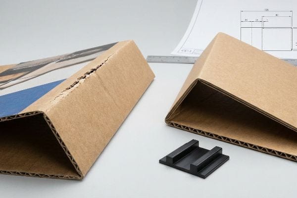 Brown E-flute corrugated cardboard with a damaged, litho-cracked fold, alongside a clean fold and a black polymer creasing matrix.