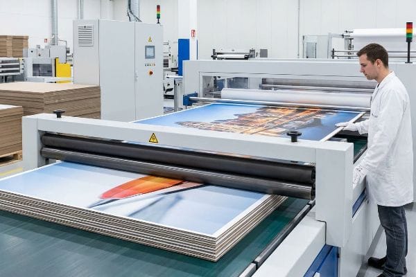 Litho-Lamination Graphic Panels A technician feeds a large cityscape print into a litho-lamination machine, producing graphic panels for pallet displays.