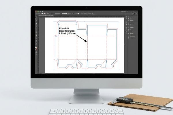 Dieline Bleed Tolerance Caliper Computer screen displays a packaging dieline with 'Litho-Shift Bleed Tolerance: 0.5 inch (12.7mm)' and a digital caliper on corrugated.