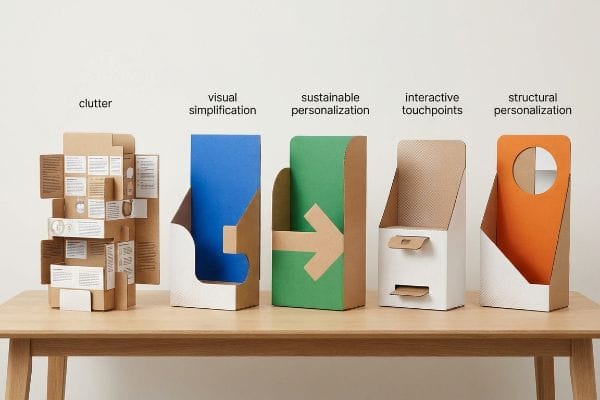 Five corrugated cardboard display prototypes illustrate marketing trends: clutter, visual simplification, sustainable personalization, interactive touchpoints, and structural personalization.