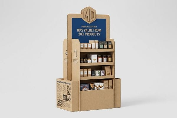 80/20 Merchandising Display Brown corrugated display for Premium Selection, featuring '80% Value From 20% Products' on a blue header and 3D die-cut MD logo.