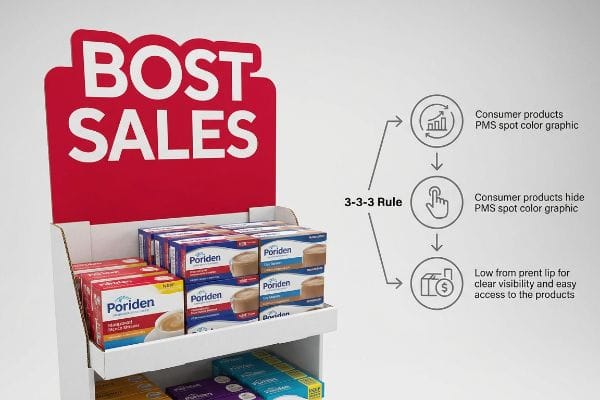 Cardboard POP display featuring a red 'Boost Sales' die-cut header, Poriden products, and a 3-3-3 Rule diagram detailing PMS spot color and low front lip for merchandising.