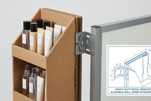 Brown corrugated cardboard power wing display with cosmetic bottles, featuring a Heavy-Duty Metal Bracket and Double-Wall Spine Integrated design.