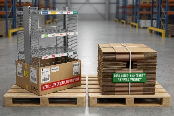 Freight Density Comparison Metal wire display rack in a box labeled 'Metal - Low Density, High Freight' contrasted with flat-pack corrugated boxes on pallets, labeled 'Corrugated - High Density, Flat-Pack Efficiency'.