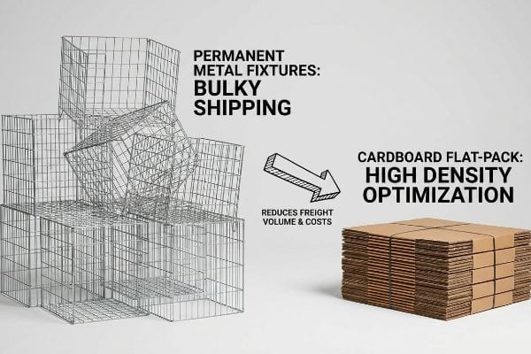 Metal wire fixtures for bulky shipping contrasted with flat-pack cardboard for high-density optimization, reducing freight volume and costs.