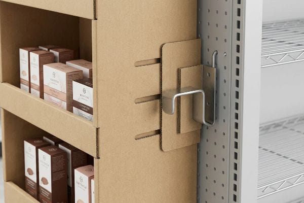Corrugated cardboard sidekick display attached to a gray pegboard with a universal metal S-bracket, featuring 'Moments Of' beauty boxes.