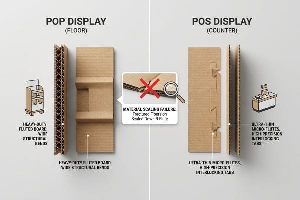 Flute Board Scaling Failure Corrugated board comparison: POP Display Heavy-Duty Fluted Board vs. POS Ultra-Thin Micro-Flutes. Material Scaling Failure.