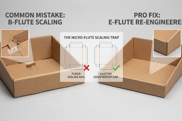 Flute Scaling Trap Corrugated B-Flute Scaling mistake with tape, contrasted with E-Flute Re-Engineered pro fix, showing The Micro-Flute Scaling Trap.