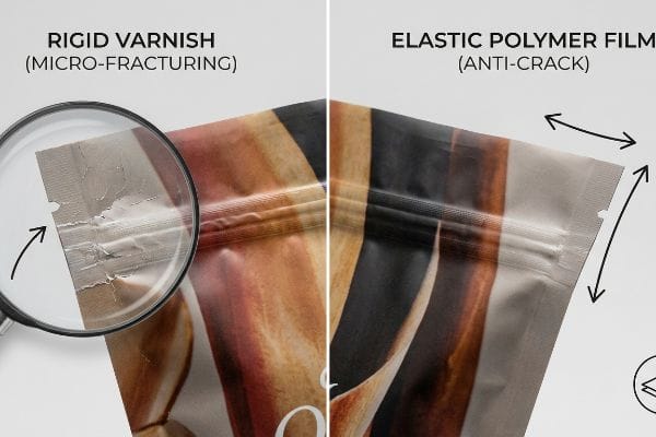Vernis rigide (microfissuration) sur pochette souple fissurée, contrastant avec un film polymère élastique lisse (anti-fissures).