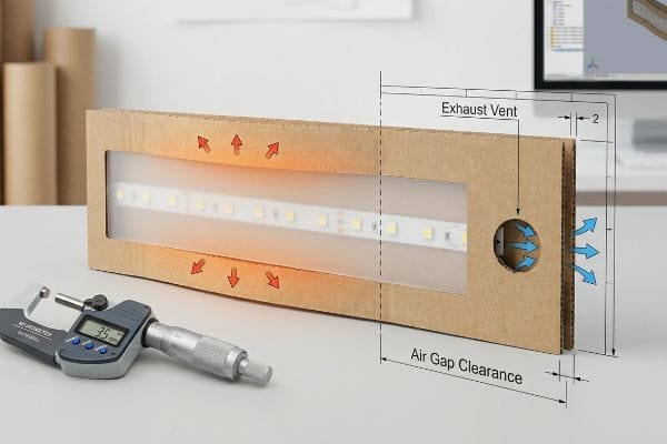 Corrugated cardboard LED display prototype showing heat dissipation, an Exhaust Vent, Air Gap Clearance, and a micrometer measuring 3.5 mm.