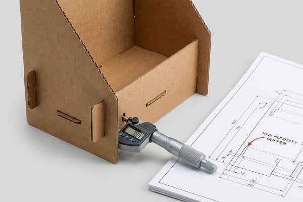Cardboard Humidity Buffer Measurement Corrugated cardboard POP display measured by a digital micrometer, showing a 1mm Humidity Buffer on an engineering drawing.