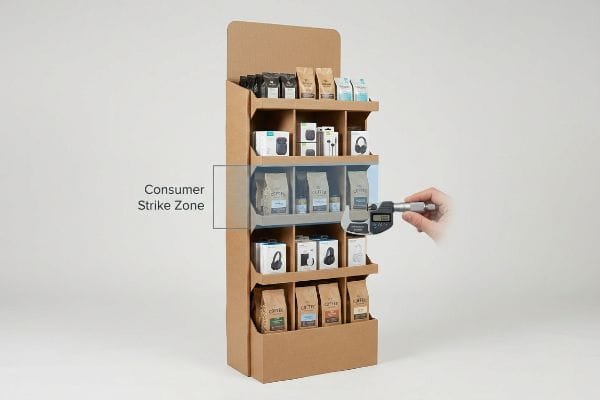 The corrugated cardboard endcap display features a micrometer measuring the Consumer Strike Zone with coffee bags and electronics.