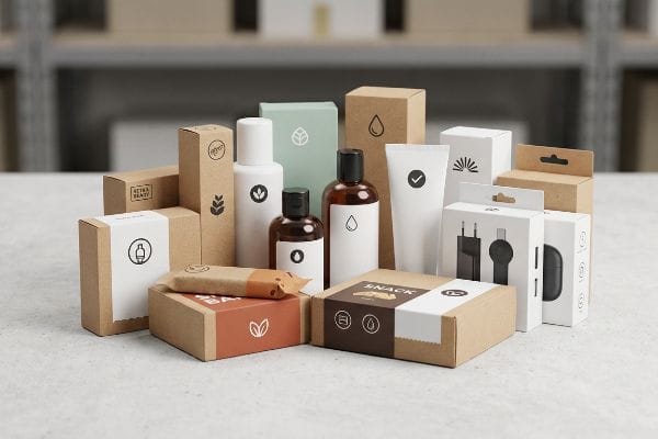 CPG Packaging Assortment Sustainable CPG packaging, including kraft boxes, white bottles, and tubes, with 'Snack' and 'Better Beauty' labels.