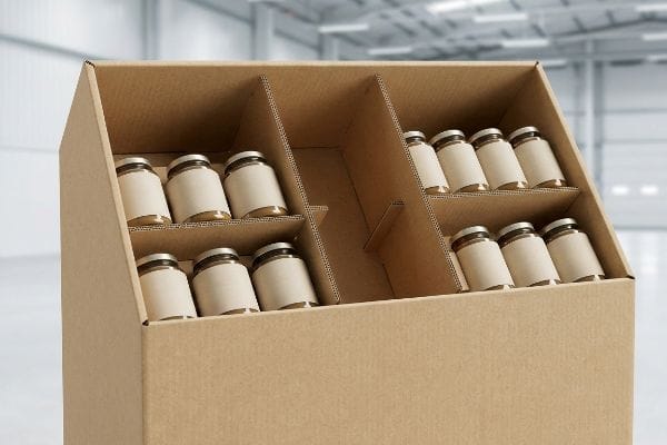 Modular Corrugated Jar Display Corrugated retail display with modular asymmetric dividers showcasing glass jars with blank labels, designed for efficient SKU merchandising.