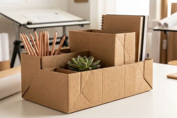 A sustainable cardboard desk organizer, crafted from upcycled materials, holds pencils, a small succulent plant, and notebooks on a white desk.