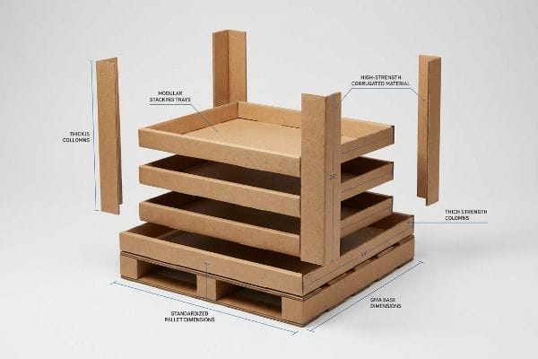 This image illustrates the modular cardboard pallet display components, including High-Strength Corrugated Material, Modular Stacking Trays, Thick Strength Columns, and Standardized GMA Base Dimensions.