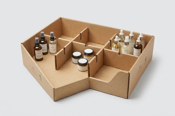 Modular Cosmetics Tray Brown corrugated cardboard retail-ready tray with modular dividers, displaying assorted cosmetic spray bottles, dropper bottles, and jars.