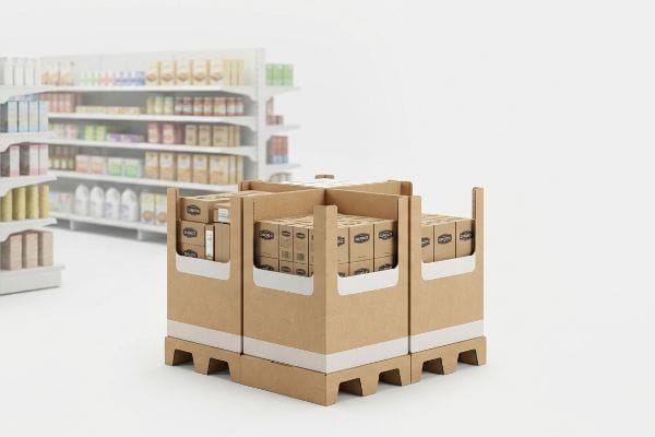 Quarter Pallet Floor Display Brown corrugated quarter pallet floor merchandiser displaying Barney's products in a supermarket.
