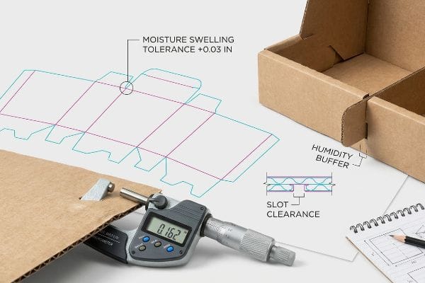 Digital micrometer measures corrugated cardboard at 0.162 inches, with a dieline showing Moisture Swelling Tolerance +0.03 IN and Humidity Buffer for Slot Clearance.