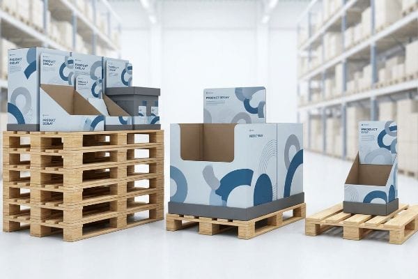 Présentoirs de produits sur palettes Présentoirs de produits en carton sur des palettes en bois dans un entrepôt, de différentes tailles comme des demi-palettes et des quarts de palettes, tous étiquetés « Présentoir de produits ».